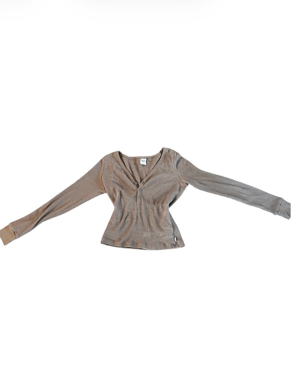 TNA Taupe Colored Long-Sleeve V-Neck Henley Ribbed Top